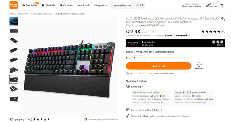 On Temu, the same keyboard